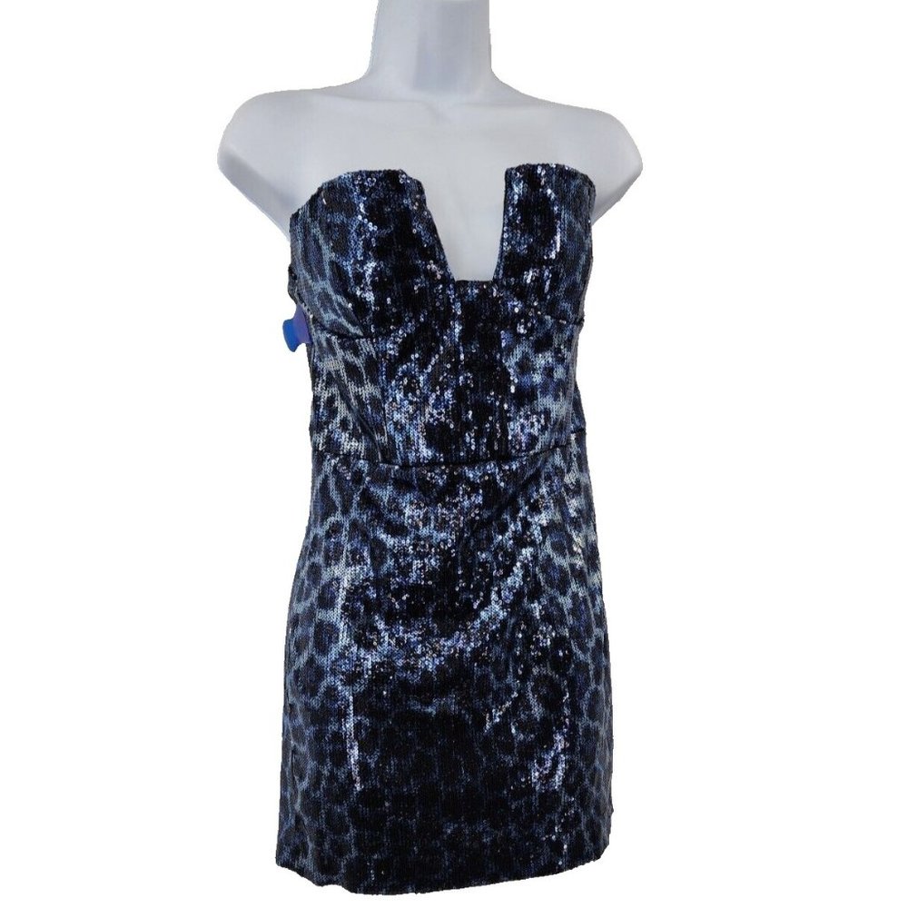 ZARA Sequin Cocktail Mini Dress Size M Blue Womens Sleeveless Strapless Leopard‎